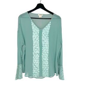 Sundance Teal Silk Long Sleeve Lace Front Top Large